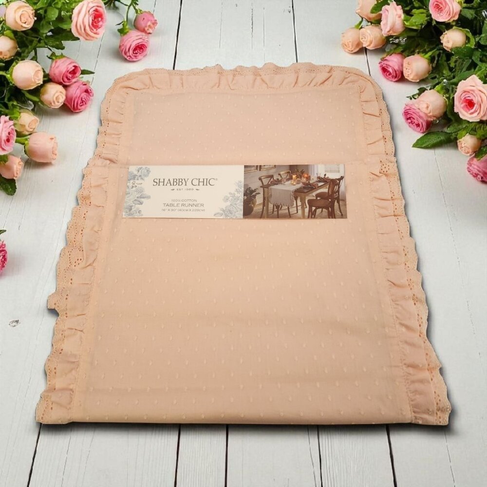 Shabby Chic Table Runner Pink Swiss Dot Cotton Lace Trim 16" x 90" Farmhouse
